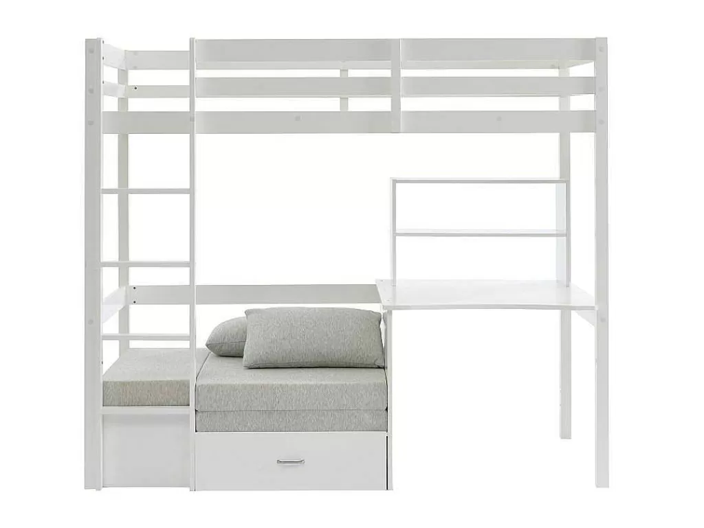 Cama De Criança*Vente-unique Cama Alta Com Secretária, Sofá Convertivel E Espacos De Arrumação De 90 X 200 Cm Em Pinho Macico Cor Esbranquicado - Goliath Iii