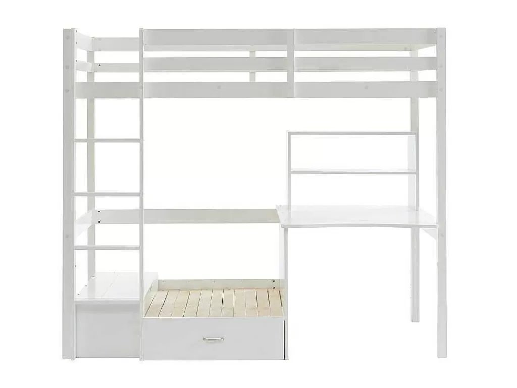 Cama De Criança*Vente-unique Cama Alta Com Secretária, Sofá Convertivel E Espacos De Arrumação De 90 X 200 Cm Em Pinho Macico Cor Esbranquicado - Goliath Iii