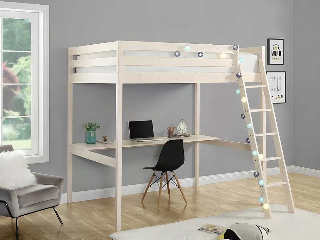 Cama Alta*Vente-unique Cama Alta De 140 X 190 Cm Com Secretária Em Pinho Macico Esbranquicado + Colchão - Gedeon Ii