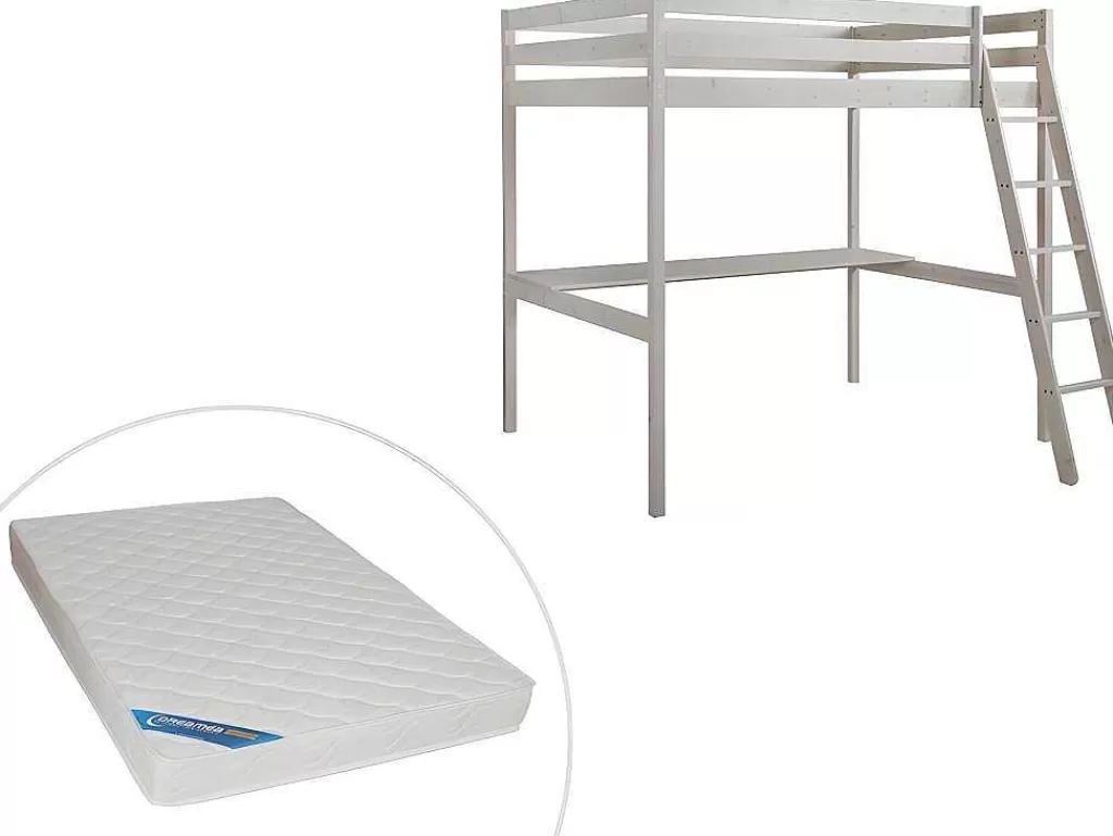 Cama Alta*Vente-unique Cama Alta De 140 X 190 Cm Com Secretária Em Pinho Macico Esbranquicado + Colchão - Gedeon Ii