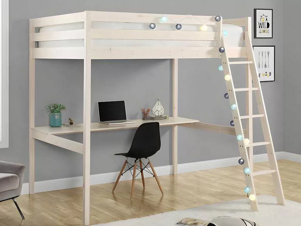 Cama Alta*Vente-unique Cama Alta De 140 X 190 Cm Com Secretária Em Pinho Macico Esbranquicado + Colchão - Gedeon Ii