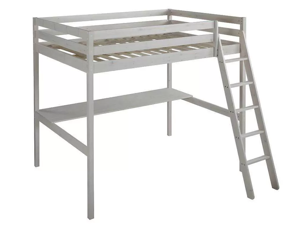 Cama Alta*Vente-unique Cama Alta De 140 X 190 Cm Com Secretária Em Pinho Macico Esbranquicado + Colchão - Gedeon Ii