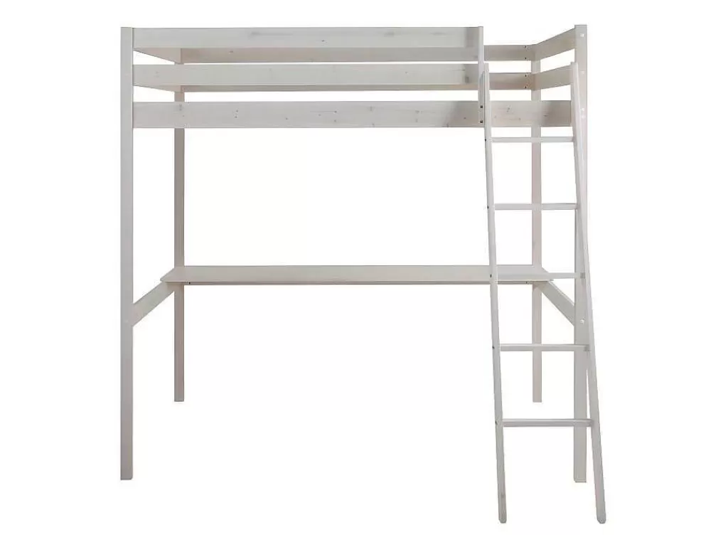 Cama Alta*Vente-unique Cama Alta De 140 X 190 Cm Com Secretária Em Pinho Macico Esbranquicado + Colchão - Gedeon Ii