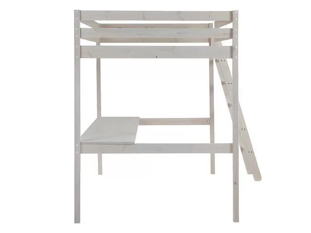 Cama Alta*Vente-unique Cama Alta De 140 X 190 Cm Com Secretária Em Pinho Macico Esbranquicado + Colchão - Gedeon Ii