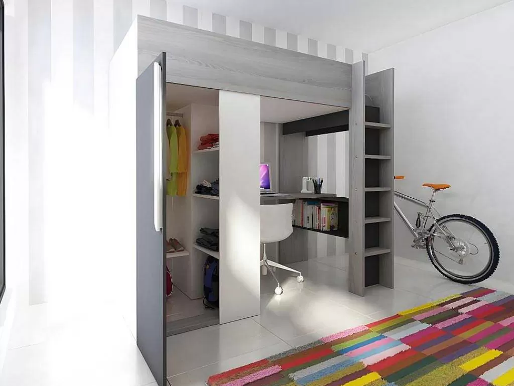Cama Alta*Vente-unique Cama Alta De 90 X 200 Cm Com Armário E Secretária Em Antracite E Branco - Nicolas
