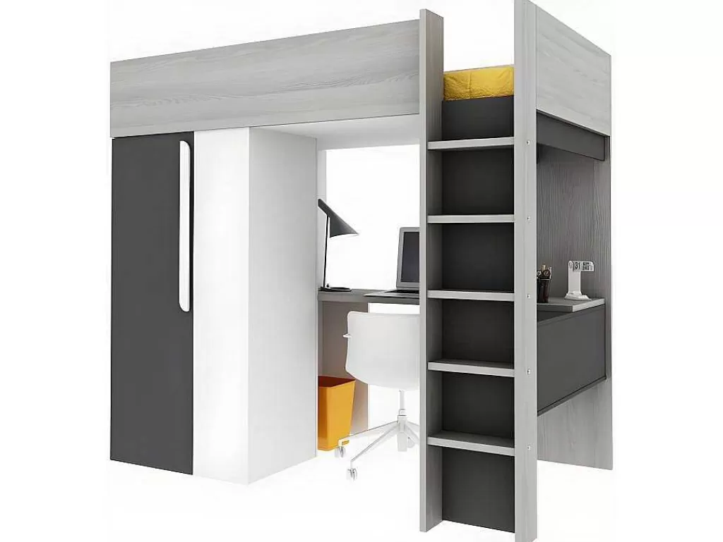 Cama Alta*Vente-unique Cama Alta De 90 X 200 Cm Com Armário E Secretária Em Antracite E Branco - Nicolas