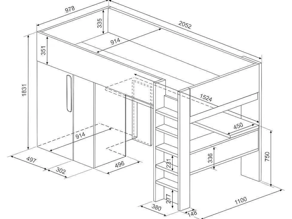 Cama Alta*Vente-unique Cama Alta De 90 X 200 Cm Com Armário E Secretária Em Antracite E Branco - Nicolas