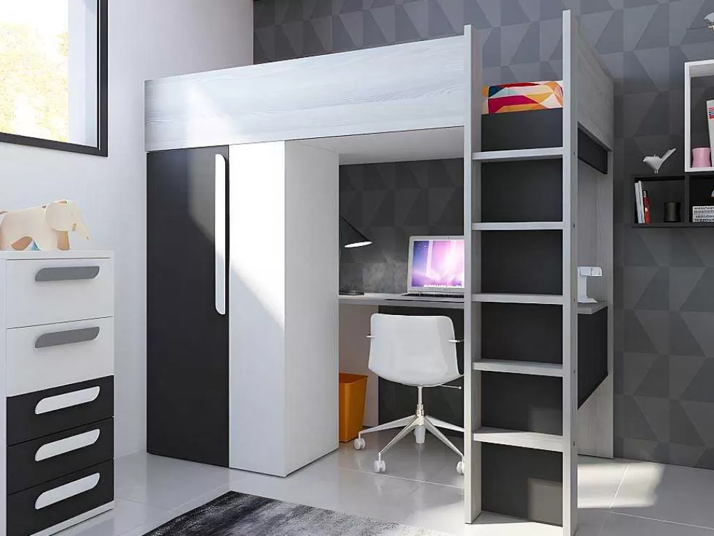 Cama Alta*Vente-unique Cama Alta De 90 X 200 Cm Com Armário E Secretária Em Antracite E Branco - Nicolas
