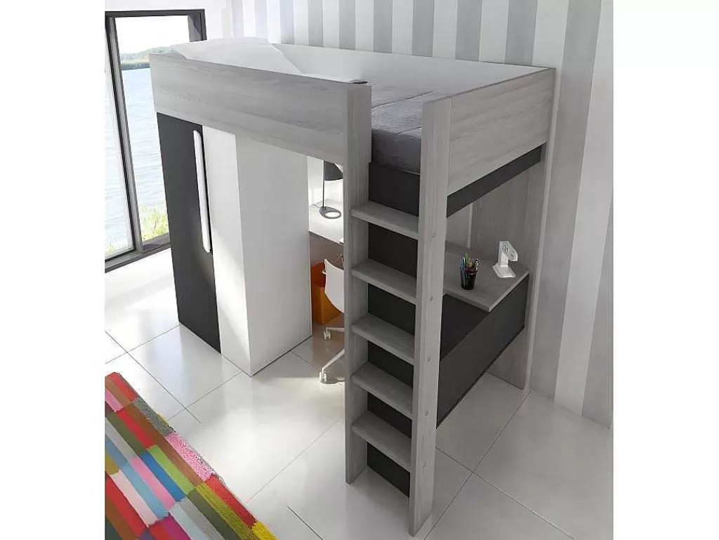 Cama Alta*Vente-unique Cama Alta De 90 X 200 Cm Com Armário E Secretária Em Antracite E Branco - Nicolas