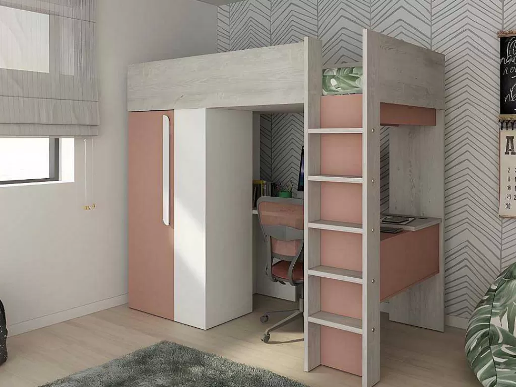Cama Alta*Vente-unique Cama Alta De 90 X 200 Cm Com Guarda-Roupa E Secretária Cor-De-Rosa E Branco + Colchão - Nicolas