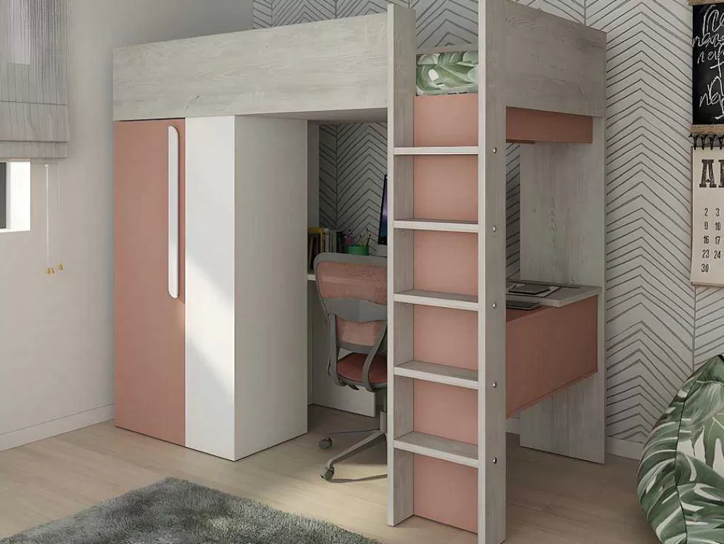 Cama Alta*Vente-unique Cama Alta De 90 X 200 Cm Com Guarda-Roupa E Secretária Cor-De-Rosa E Branco + Colchão - Nicolas