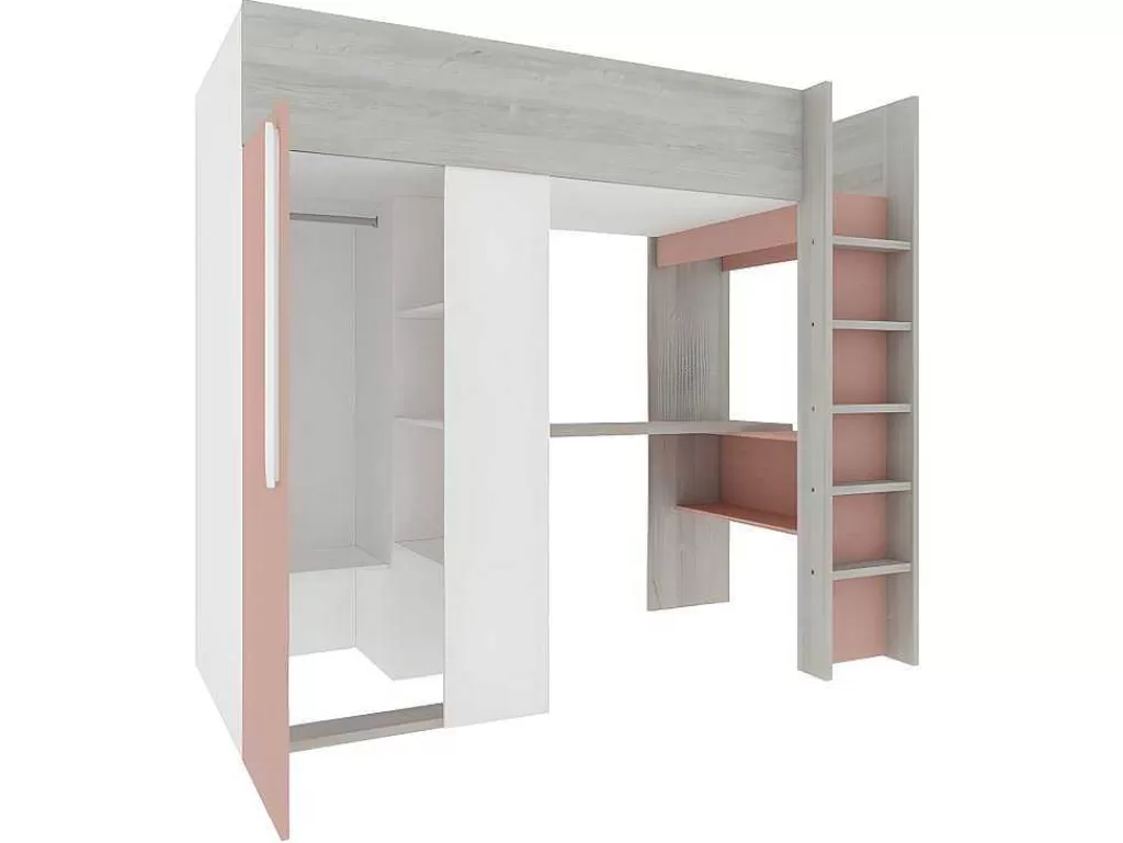 Cama Alta*Vente-unique Cama Alta De 90 X 200 Cm Com Guarda-Roupa E Secretária Cor-De-Rosa E Branco + Colchão - Nicolas