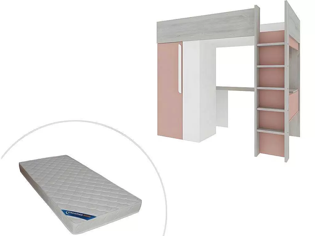 Cama Alta*Vente-unique Cama Alta De 90 X 200 Cm Com Guarda-Roupa E Secretária Cor-De-Rosa E Branco + Colchão - Nicolas