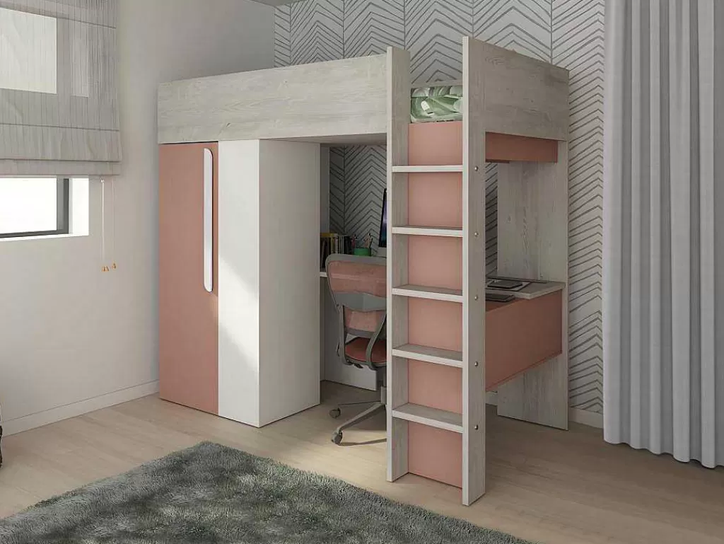 Cama Alta*Vente-unique Cama Alta De 90 X 200 Cm Com Guarda-Roupa E Secretária Cor-De-Rosa E Branco - Nicolas