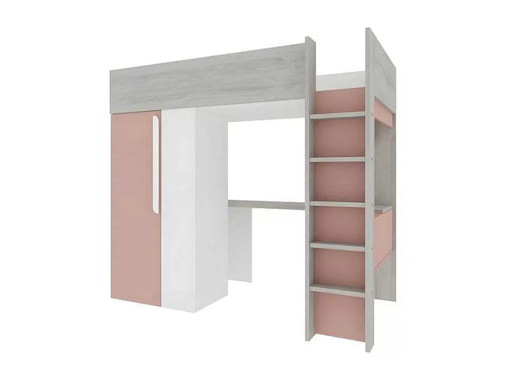 Cama Alta*Vente-unique Cama Alta De 90 X 200 Cm Com Guarda-Roupa E Secretária Cor-De-Rosa E Branco - Nicolas
