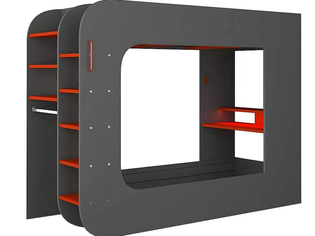 Cama Alta*Vente-unique Cama Alta Gamer 90 X 200 Cm Com Secretária, Espacos De Arrumação E Leds Cor Antracite E Vermelho + Colchão - Warrior