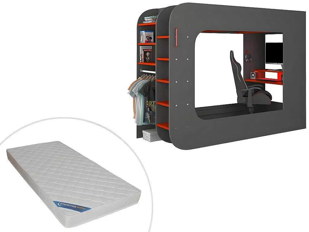 Cama Alta*Vente-unique Cama Alta Gamer 90 X 200 Cm Com Secretária, Espacos De Arrumação E Leds Cor Antracite E Vermelho + Colchão - Warrior