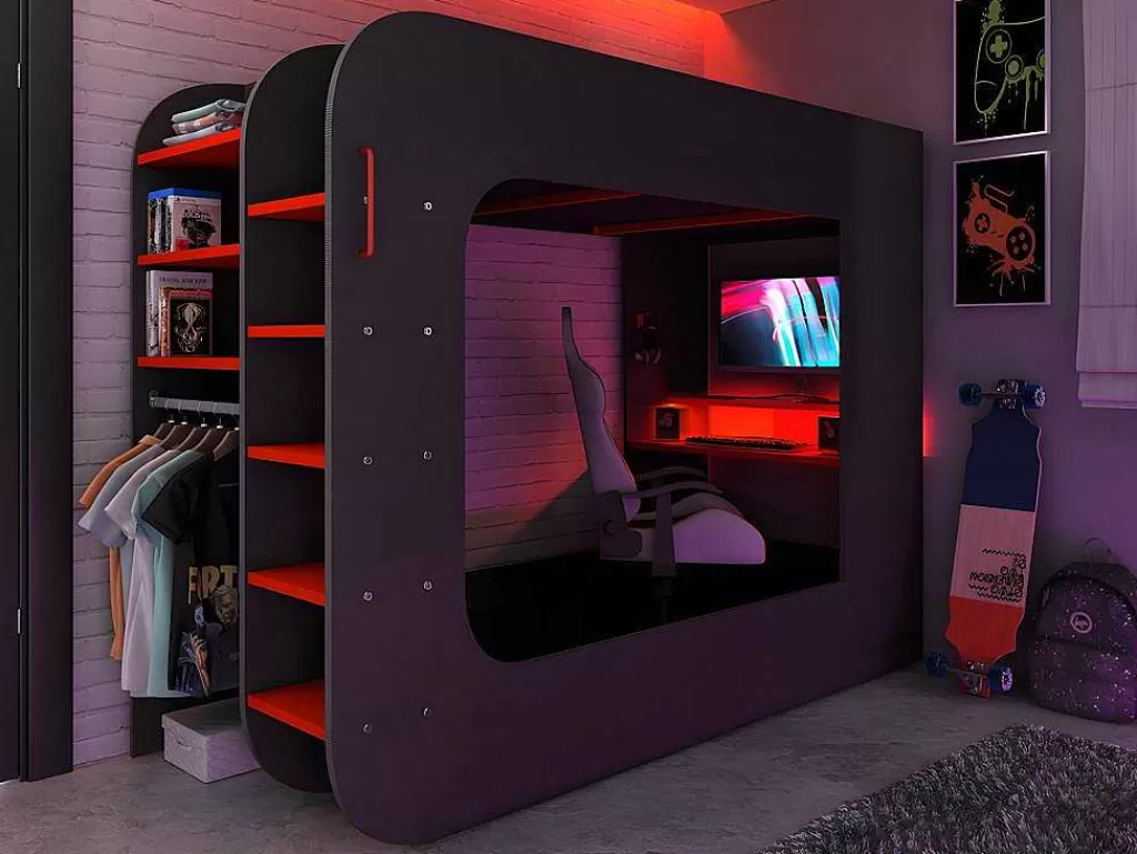 Cama Alta*Vente-unique Cama Alta Gamer 90 X 200 Cm Com Secretária, Espacos De Arrumação E Leds Cor Antracite E Vermelho + Colchão - Warrior
