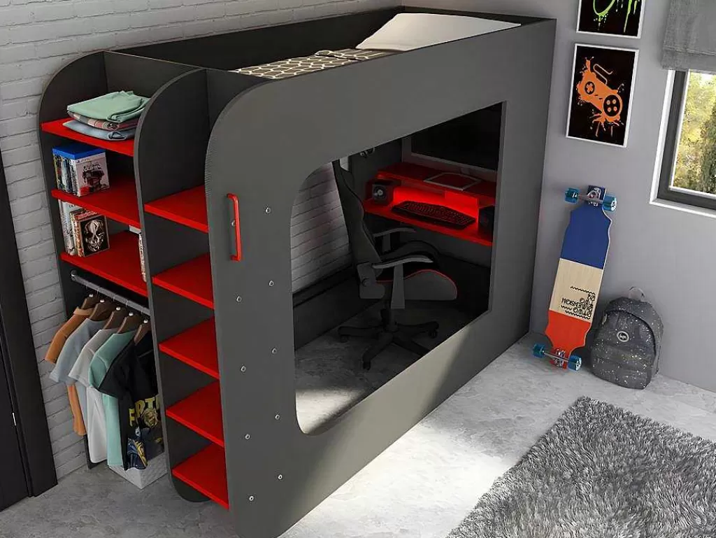 Cama Alta*Vente-unique Cama Alta Gamer 90 X 200 Cm Com Secretária, Espacos De Arrumação E Leds Cor Antracite E Vermelho + Colchão - Warrior