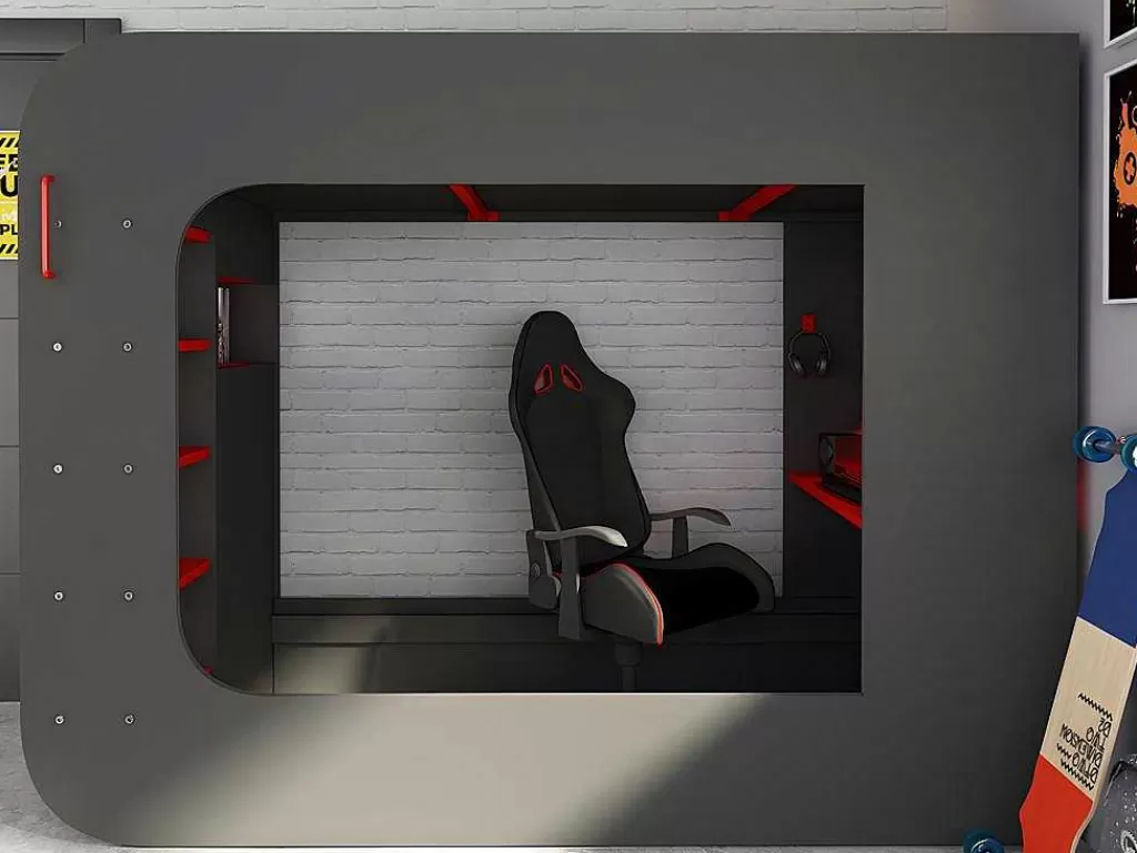 Cama Alta*Vente-unique Cama Alta Gamer 90 X 200 Cm Com Secretária, Espacos De Arrumação E Leds Cor Antracite E Vermelho + Colchão - Warrior