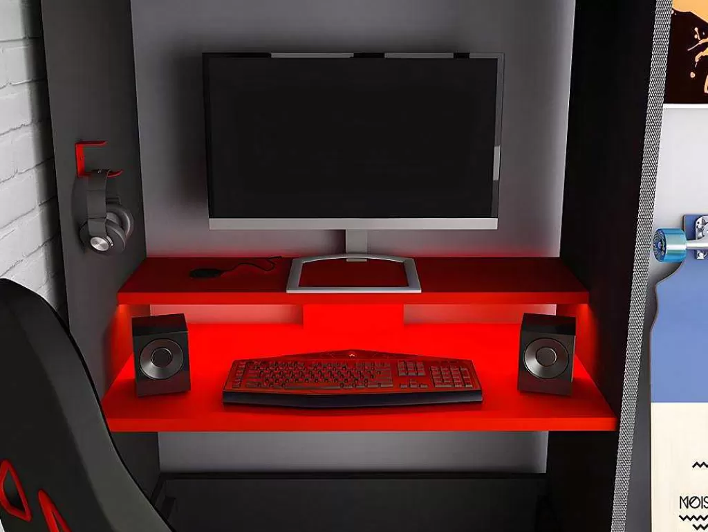 Cama Alta*Vente-unique Cama Alta Gamer 90 X 200 Cm Com Secretária, Espacos De Arrumação E Leds Cor Antracite E Vermelho + Colchão - Warrior