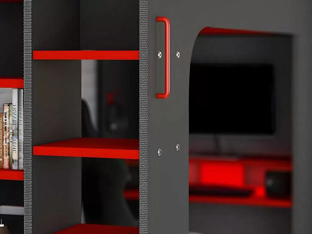 Cama Alta*Vente-unique Cama Alta Gamer 90 X 200 Cm Com Secretária, Espacos De Arrumação E Leds Cor Antracite E Vermelho + Colchão - Warrior