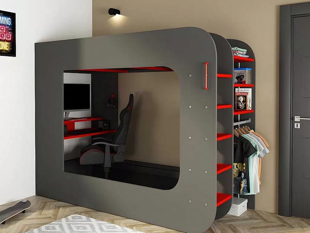 Cama Alta*Vente-unique Cama Alta Gamer 90 X 200 Cm Com Secretária, Espacos De Arrumação E Leds Cor Antracite E Vermelho + Colchão - Warrior