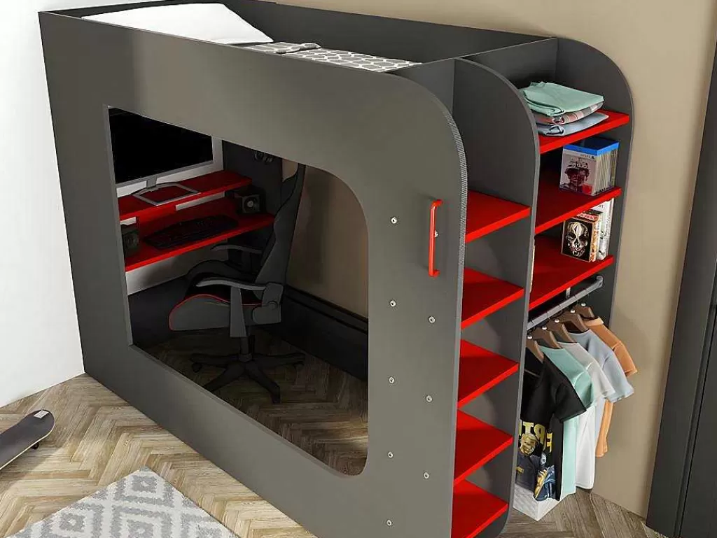Cama Alta*Vente-unique Cama Alta Gamer 90 X 200 Cm Com Secretária, Espacos De Arrumação E Leds Cor Antracite E Vermelho + Colchão - Warrior