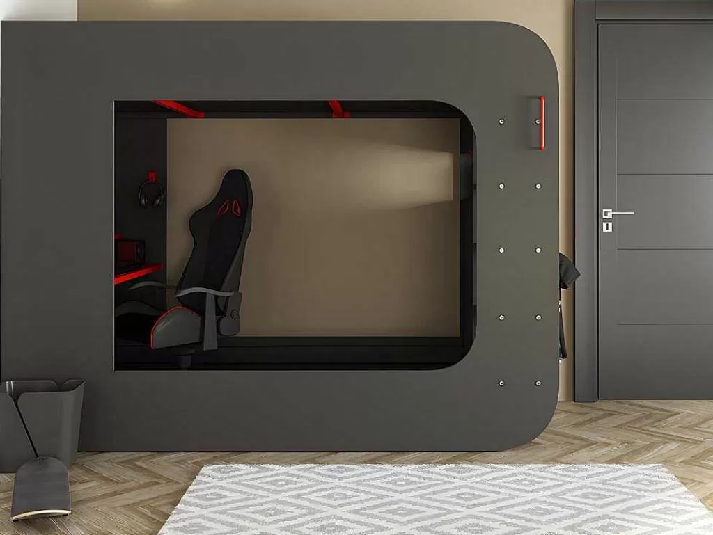 Cama Alta*Vente-unique Cama Alta Gamer 90 X 200 Cm Com Secretária, Espacos De Arrumação E Leds Cor Antracite E Vermelho - Warrior