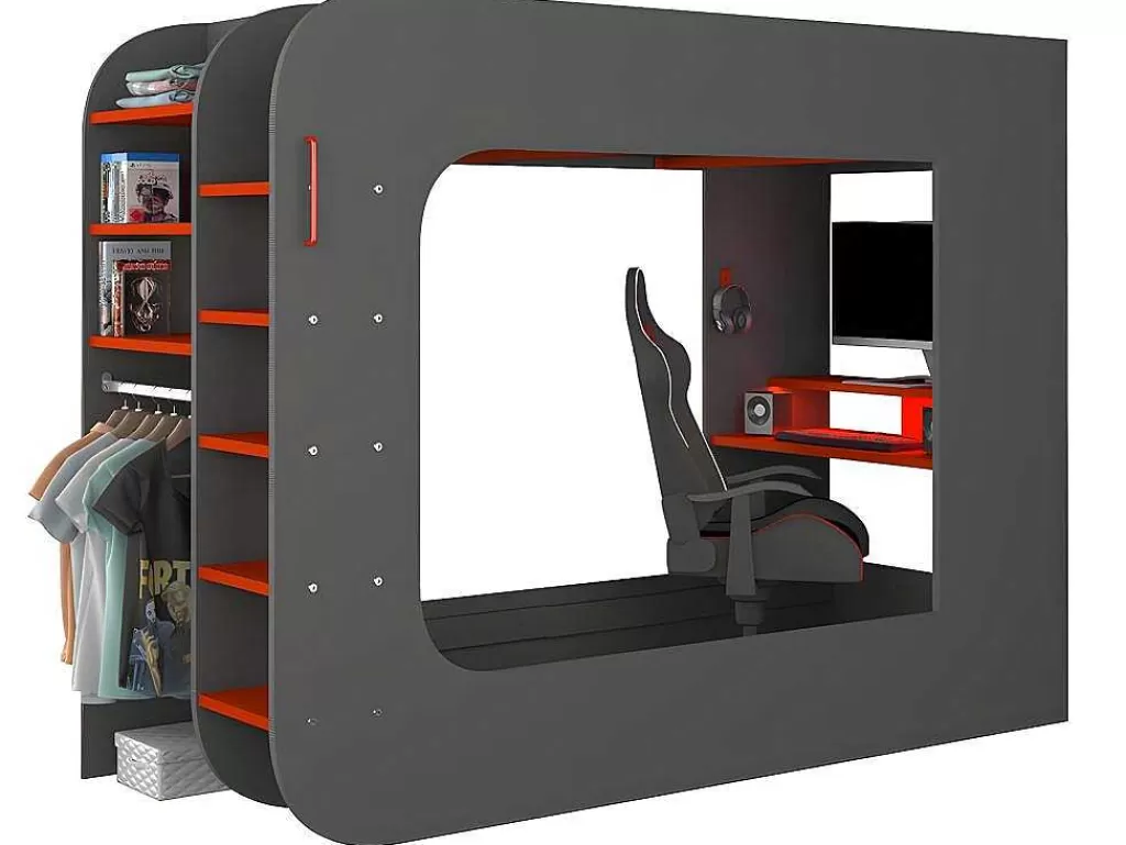 Cama Alta*Vente-unique Cama Alta Gamer 90 X 200 Cm Com Secretária, Espacos De Arrumação E Leds Cor Antracite E Vermelho - Warrior