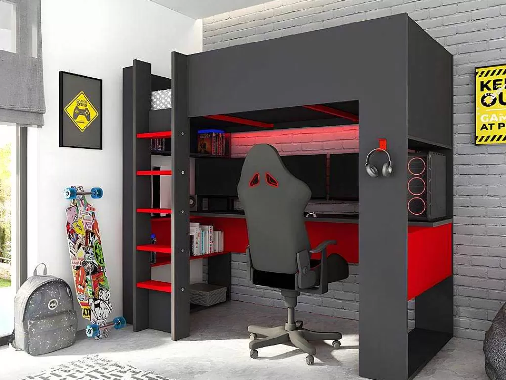 Cama Alta*Vente-unique Cama Alta Gamer Com Secretária E Espacos De Arrumação Integrados De 90 X 200 Cm Com Leds Cor Antracite E Vermelho + Colchão - Noah