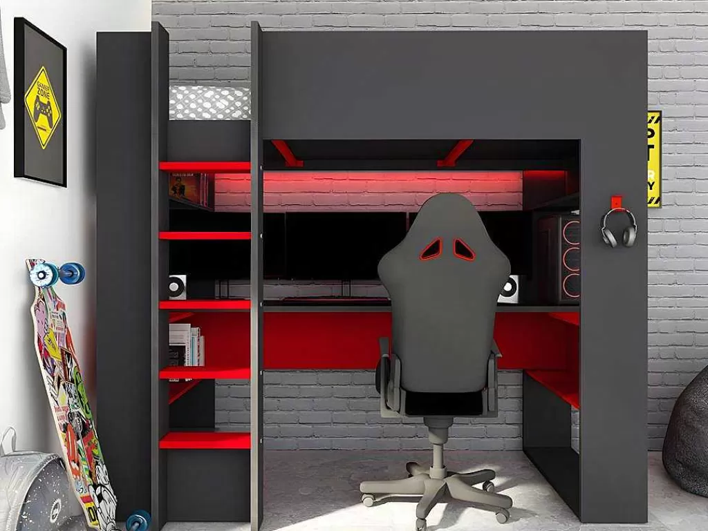 Cama Alta*Vente-unique Cama Alta Gamer Com Secretária E Espacos De Arrumação Integrados De 90 X 200 Cm Com Leds Cor Antracite E Vermelho + Colchão - Noah