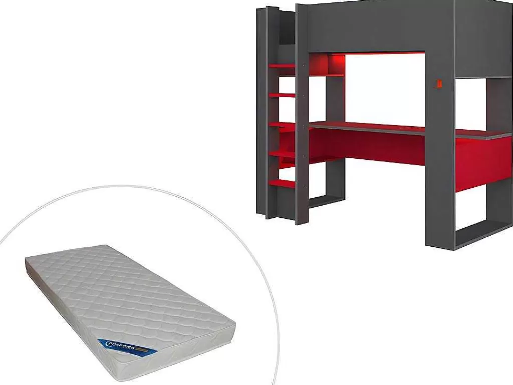 Cama Alta*Vente-unique Cama Alta Gamer Com Secretária E Espacos De Arrumação Integrados De 90 X 200 Cm Com Leds Cor Antracite E Vermelho + Colchão - Noah