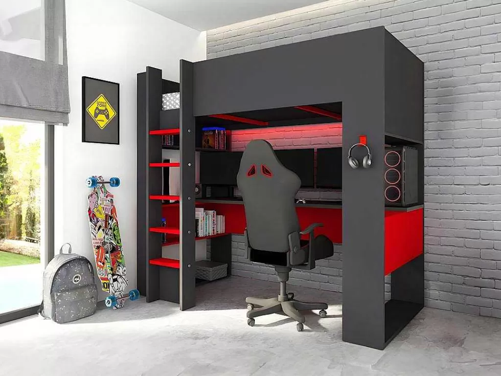 Cama De Criança*Vente-unique Cama Alta Gamer Com Secretária E Espacos De Arrumação Integrados De 90 X 200 Cm Com Leds Cor Antracite E Vermelho - Noah