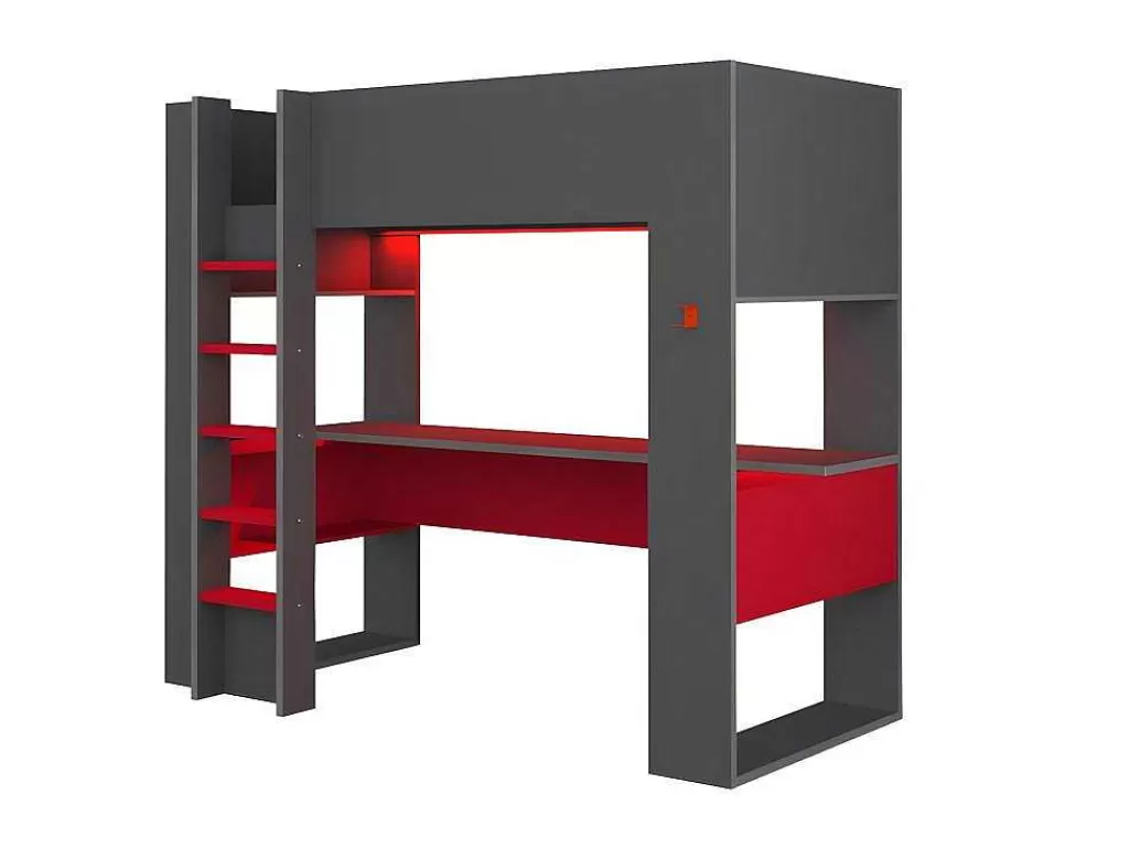 Cama De Criança*Vente-unique Cama Alta Gamer Com Secretária E Espacos De Arrumação Integrados De 90 X 200 Cm Com Leds Cor Antracite E Vermelho - Noah