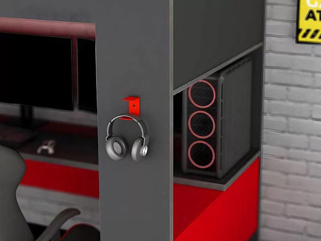 Cama De Criança*Vente-unique Cama Alta Gamer Com Secretária E Espacos De Arrumação Integrados De 90 X 200 Cm Com Leds Cor Antracite E Vermelho - Noah