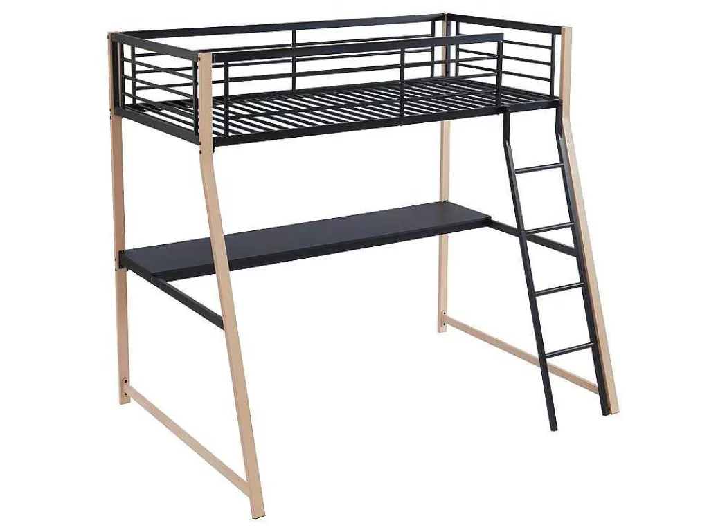 Cama Alta*Vente-unique Cama Alta Malicia - 90 X 190 Cm - Secretária Integrada - Preto E Cor Carvalho
