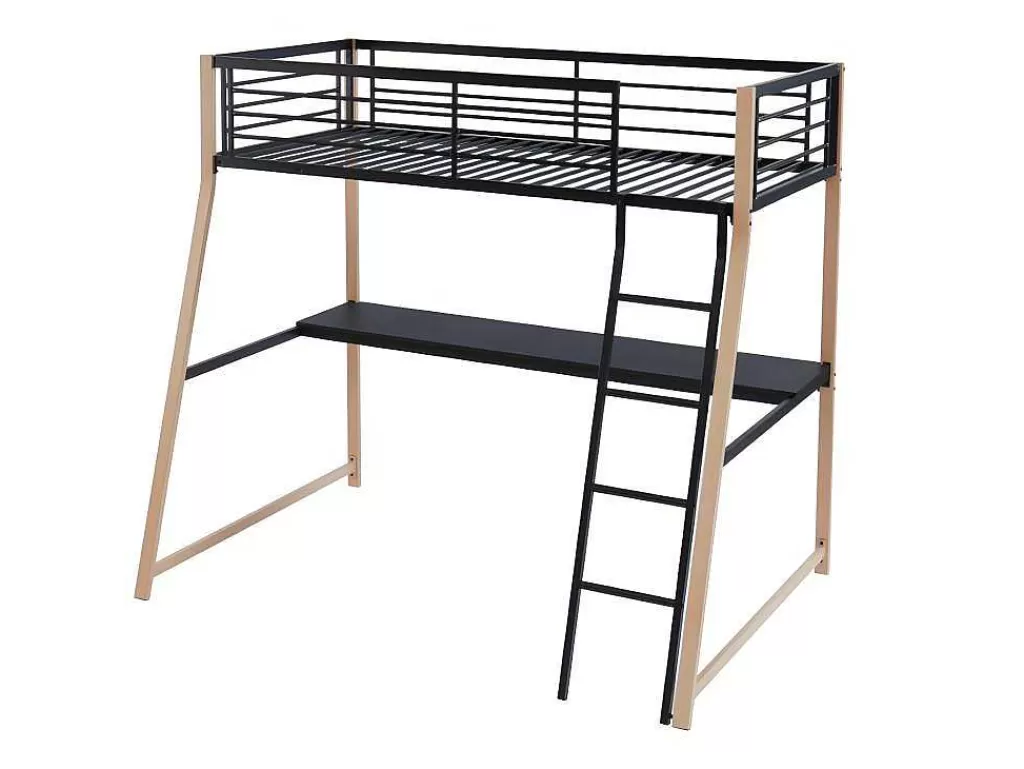 Cama Alta*Vente-unique Cama Alta Malicia - 90 X 190 Cm - Secretária Integrada - Preto E Cor Carvalho
