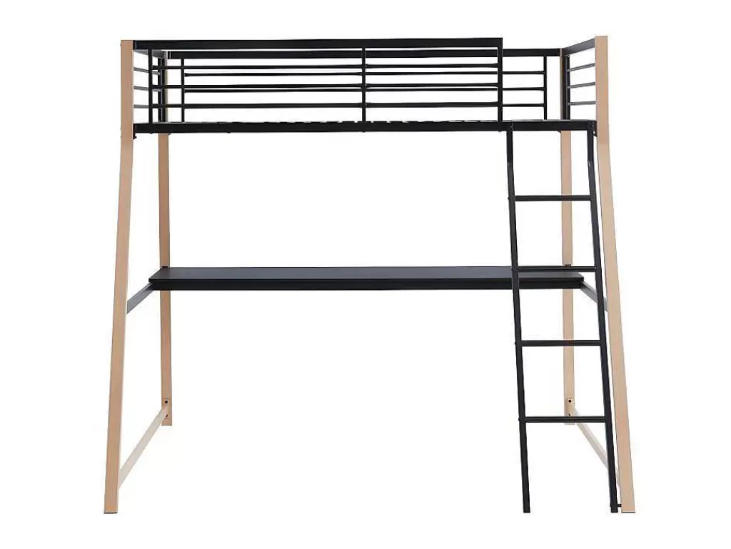 Cama Alta*Vente-unique Cama Alta Malicia - 90 X 190 Cm - Secretária Integrada - Preto E Cor Carvalho