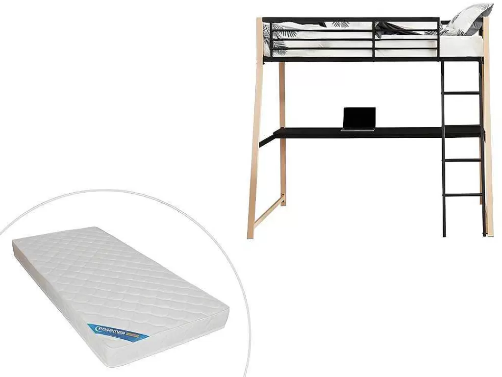 Cama Alta*Vente-unique Cama Alta Malicia - 90 X 190 Cm - Secretária Integrada - Preto E Cor Carvalho + Colchão