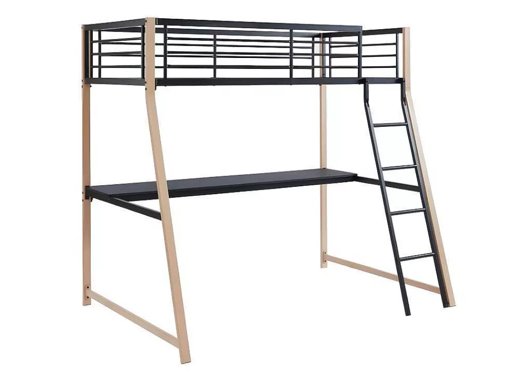 Cama Alta*Vente-unique Cama Alta Malicia - 90 X 190 Cm - Secretária Integrada - Preto E Cor Carvalho + Colchão
