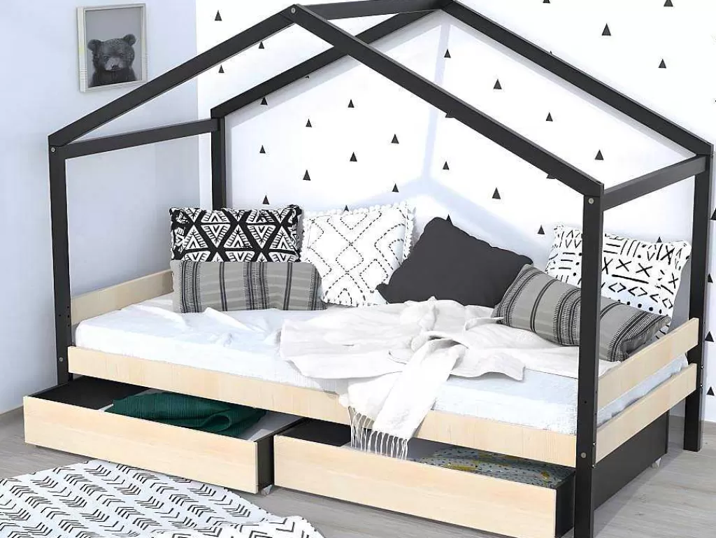 Cama De Criança*Vente-unique Cama Cabana Com 2 Gavetas De 90 X 190 Cm Em Epicea Macica Cor Natural E Preto - Elfia