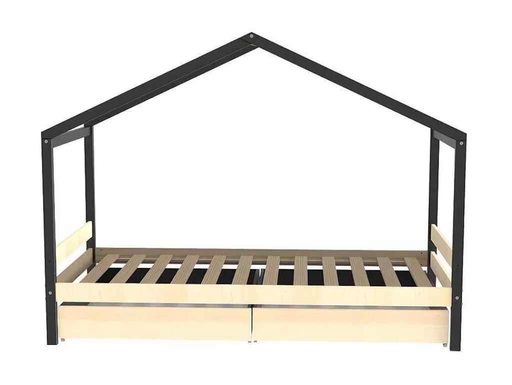 Cama De Criança*Vente-unique Cama Cabana Com 2 Gavetas De 90 X 190 Cm Em Epicea Macica Cor Natural E Preto - Elfia