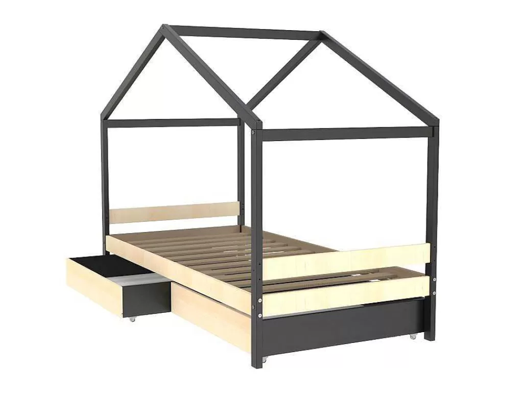 Cama De Criança*Vente-unique Cama Cabana Com 2 Gavetas De 90 X 190 Cm Em Epicea Macica Cor Natural E Preto - Elfia