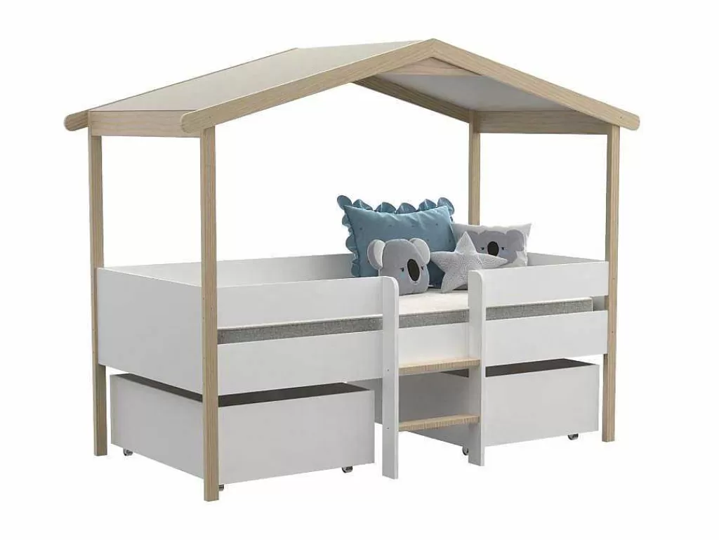 Cama De Criança*Vente-unique Cama Cabana Com Gavetoes De 90 X 190 Cm Em Tilia Cor Branco E Cor Carvalho - Sarosi