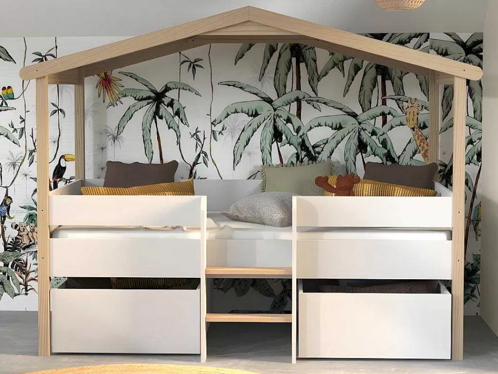 Cama De Criança*Vente-unique Cama Cabana Com Gavetoes De 90 X 190 Cm Em Tilia Cor Branco E Cor Carvalho - Sarosi