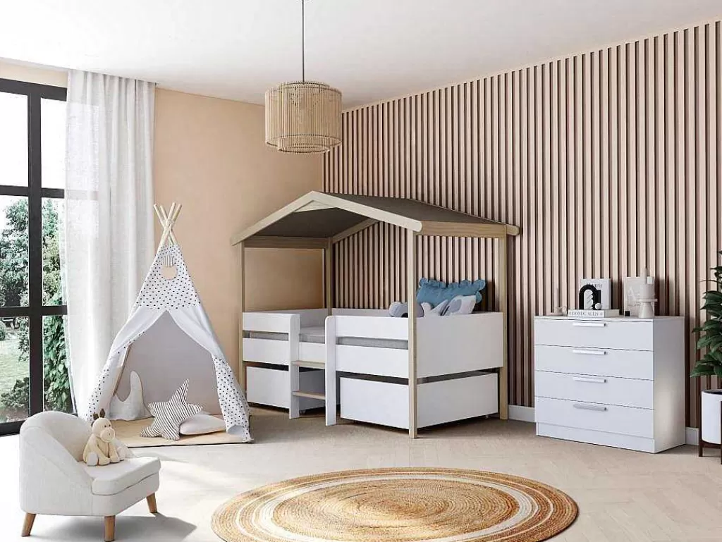 Cama De Criança*Vente-unique Cama Cabana Com Gavetoes De 90 X 190 Cm Em Tilia Cor Branco E Cor Carvalho - Sarosi