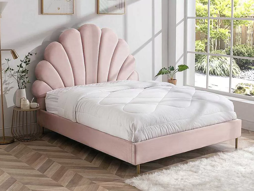 Cama Em Veludo*Vente-unique Cama Cabeceira Concha 160 X 200 Cm Veludo Cor-De-Rosa - Livaya