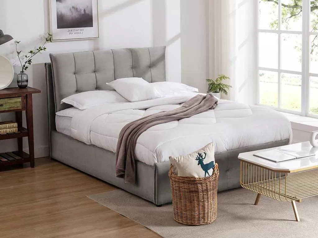 Cama Em Veludo*Vente-unique Cama Com Arrumação 140 X 200 Cm Veludo Cinzento-Claro - Oleria