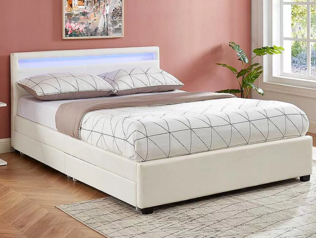 Cama Com Arrumação*Vente-unique Cama Com Arrumação De 140X190Cm Em Pele Sintética Branca Com Leds - Alois